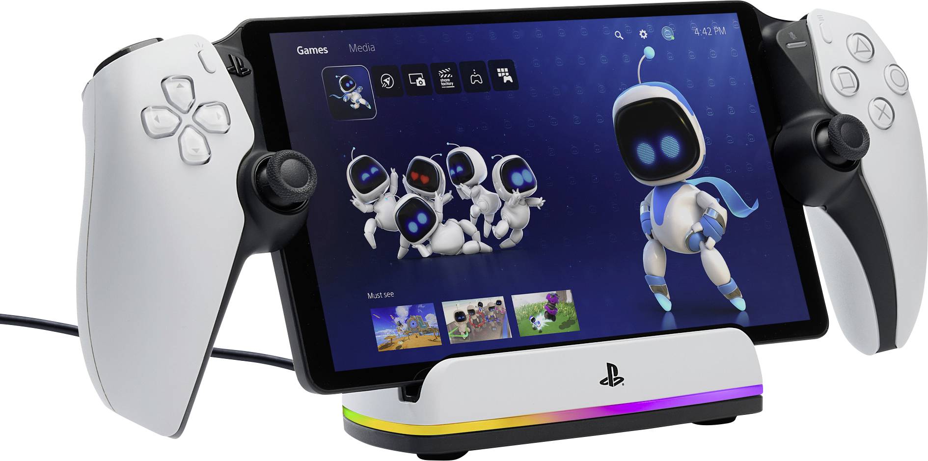 Herní zařízení s obrazovkou a ovladači ve stylu PlayStationu, zobrazující grafiku kreslených robotů a ikony výběru her.