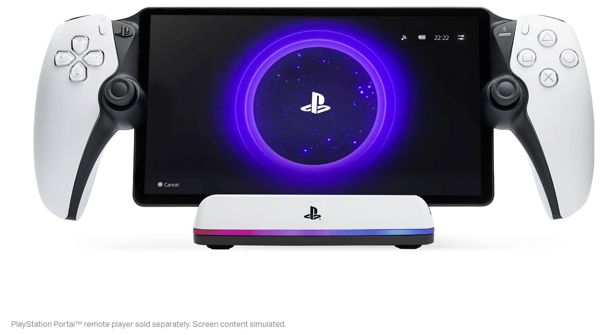 Ruční herní zařízení s displejem zobrazujícím logo PlayStation, po stranách s dvěma odpojitelnými ovladači.