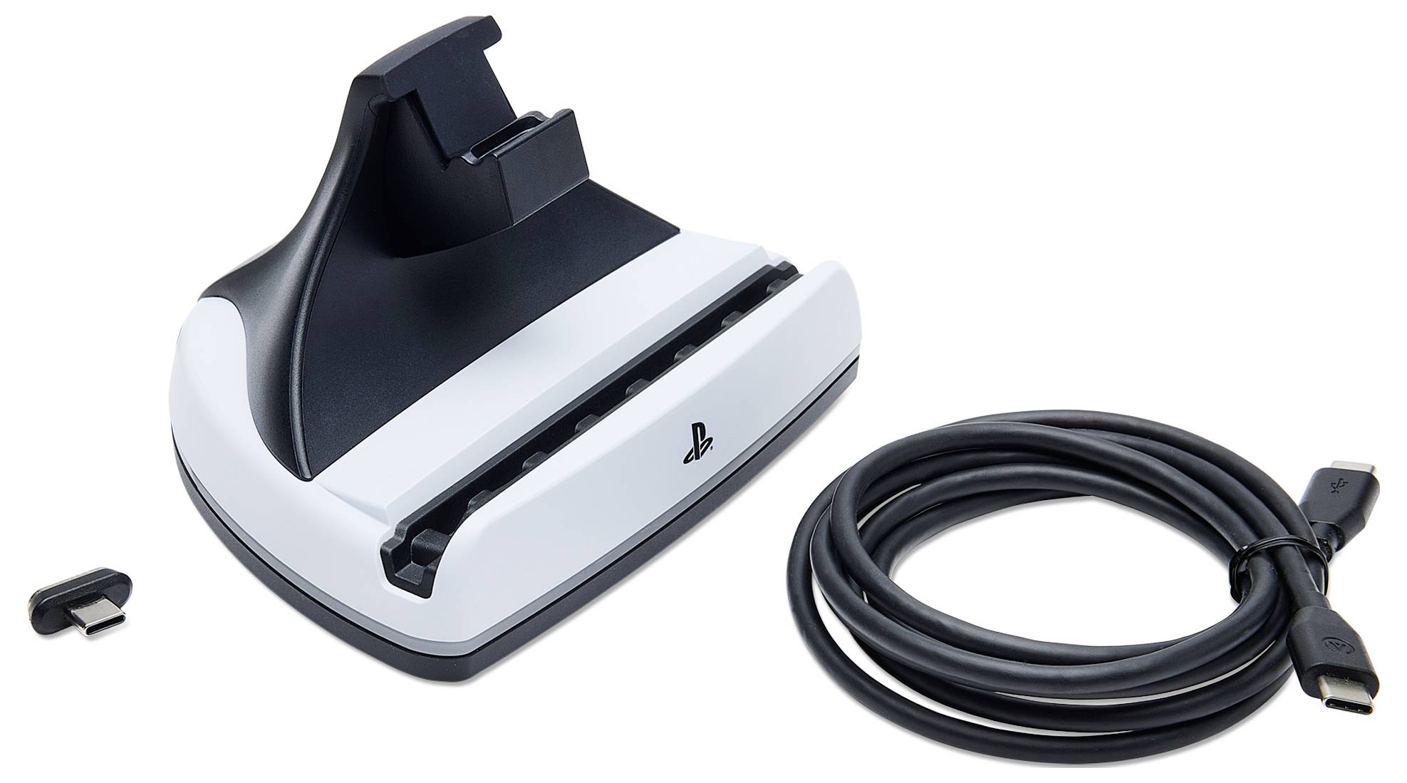Dokovací stanice a USB adaptérový kabel pro ovladače s logem 'PlayStation', vyznačující se elegantním černobílým designem.