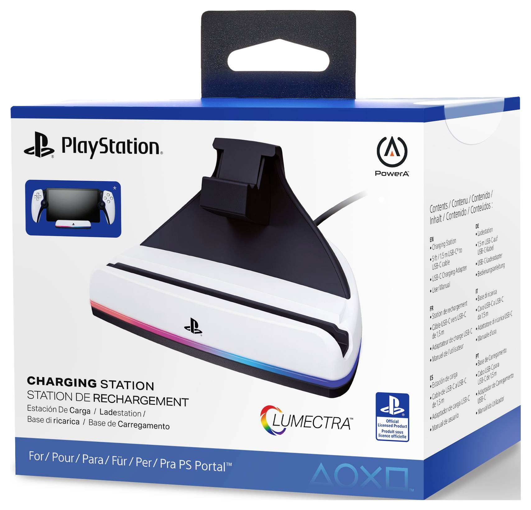 Nabíjecí stanice PlayStation s dokovací stanicí pro dva ovladače, označená logy PlayStation a PowerA. Balení ukazuje kompatibilitu s PS Portal.