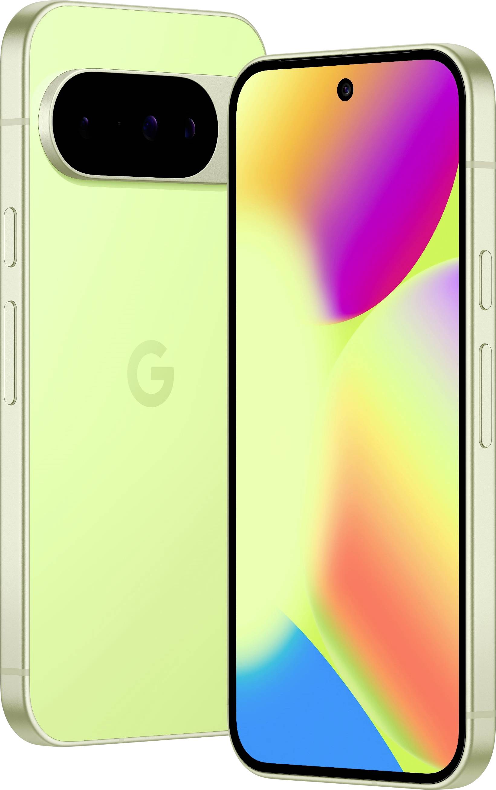 Dva smartphony s jasnými, vícebarevnými displeji jsou zobrazeny. Telefony mají zelené zadní kryty s logem 'G' a trojitou sestavu fotoaparátů.