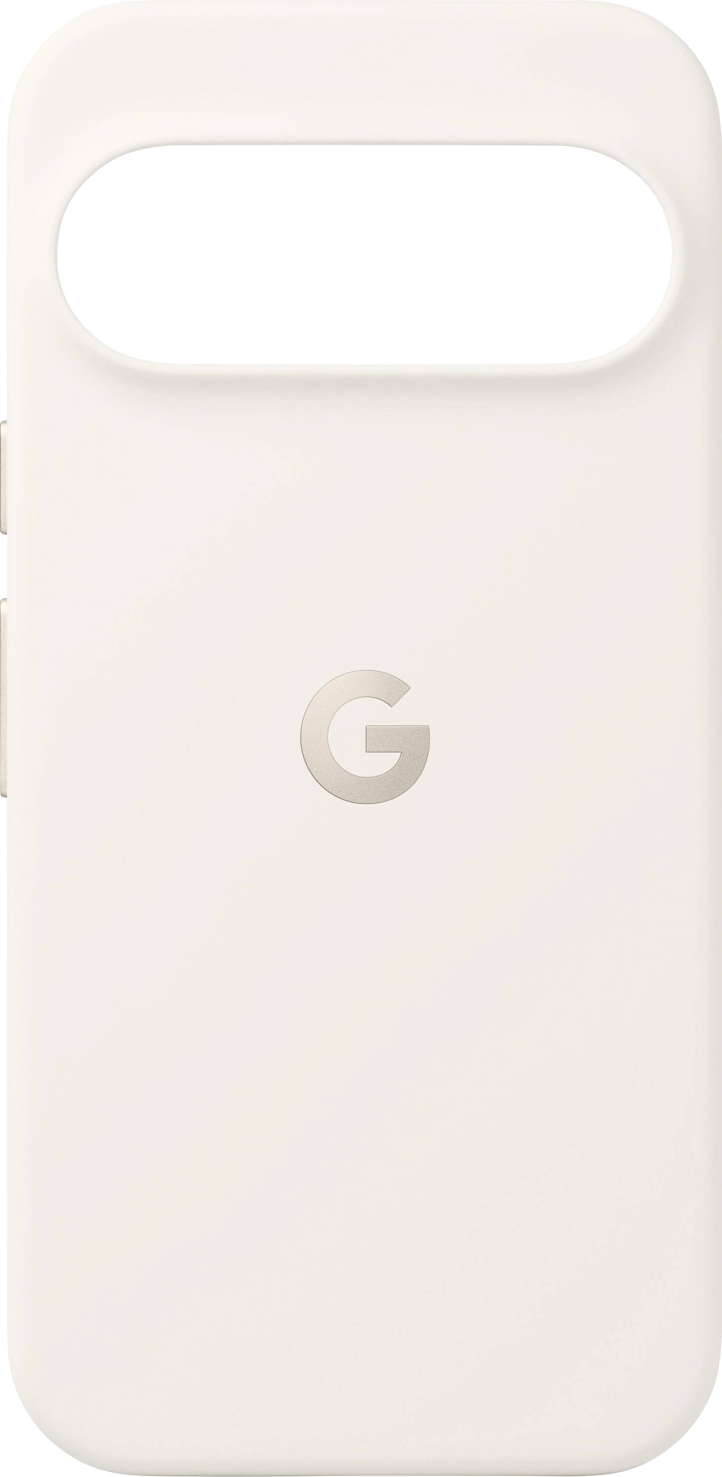 Bílý kryt na telefon s kruhovým výřezem pro fotoaparát ve tvaru písmene 'O' a písmenem 'G' uprostřed, navržený pro Google Pixel 8.