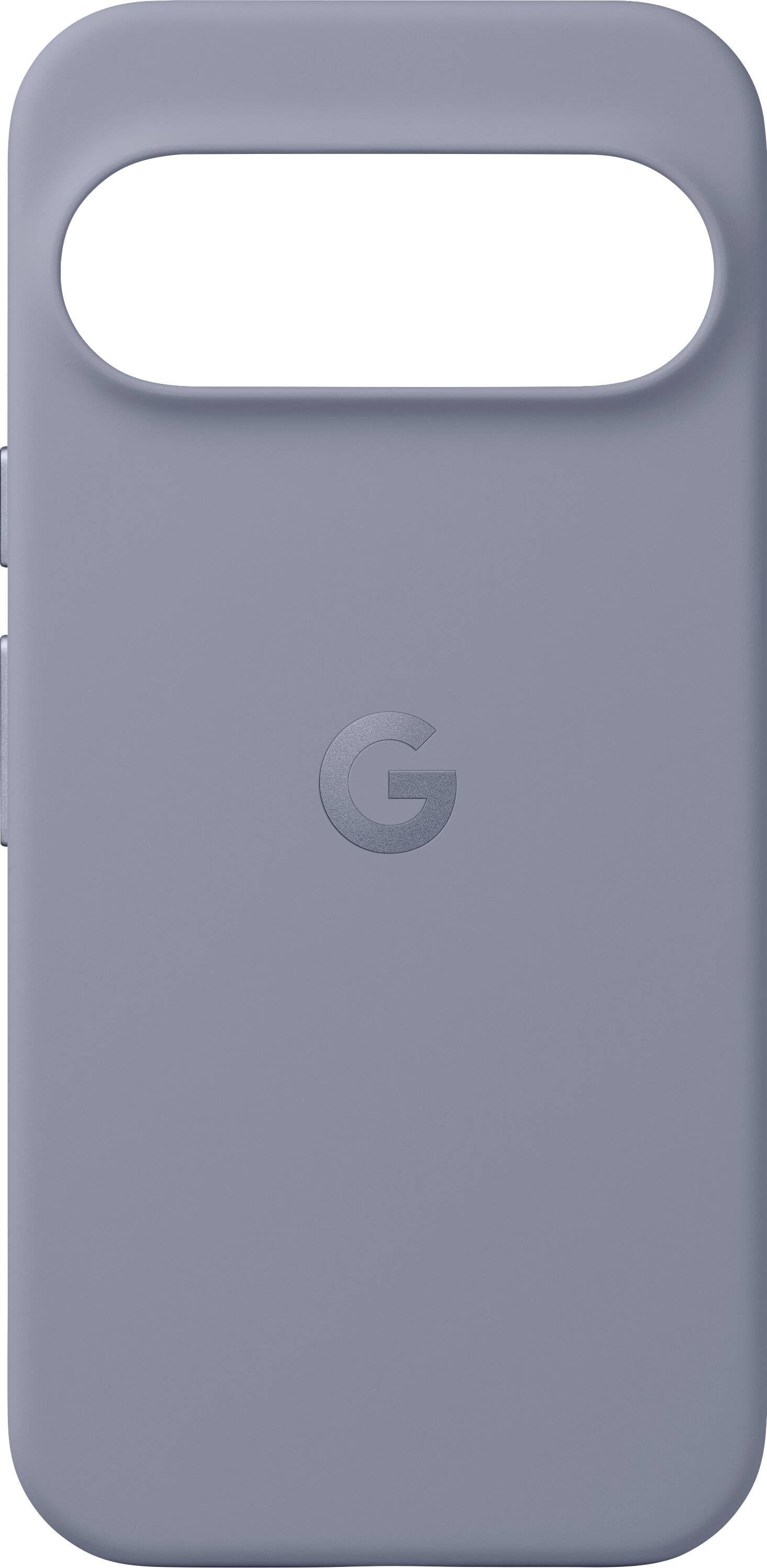 Šedý obal na telefon s oválným výřezem nahoře a písmenem 'G' vytlačeným uprostřed.