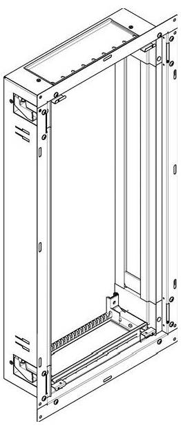 Diagram obdélníkového kovového rámu s úchyty a připevňovacími prvky, pravděpodobně pro serverovou skříň nebo rozvaděč, zobrazený z mírně šikmého pohledu z boku.