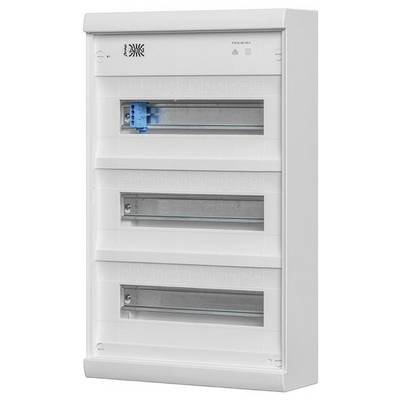 Bílý elektrický rozváděč se třemi sloty a jedním modrým jističem nainstalovaným v horním slotu.