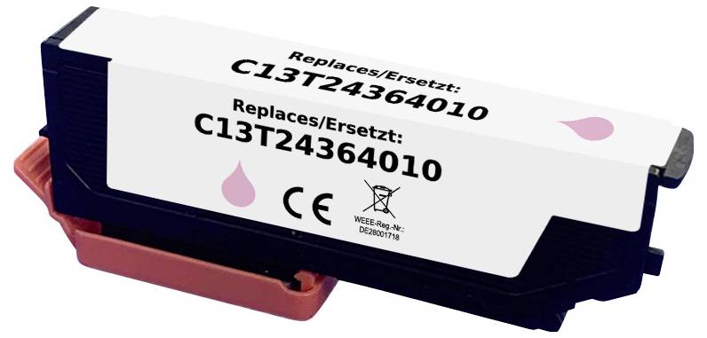 Obrázek zobrazuje černou inkoustovou cartridge označenou štítkem "Replaces/Ersetzt: C13T24364010" s symboly pro CE shodu a recyklaci.