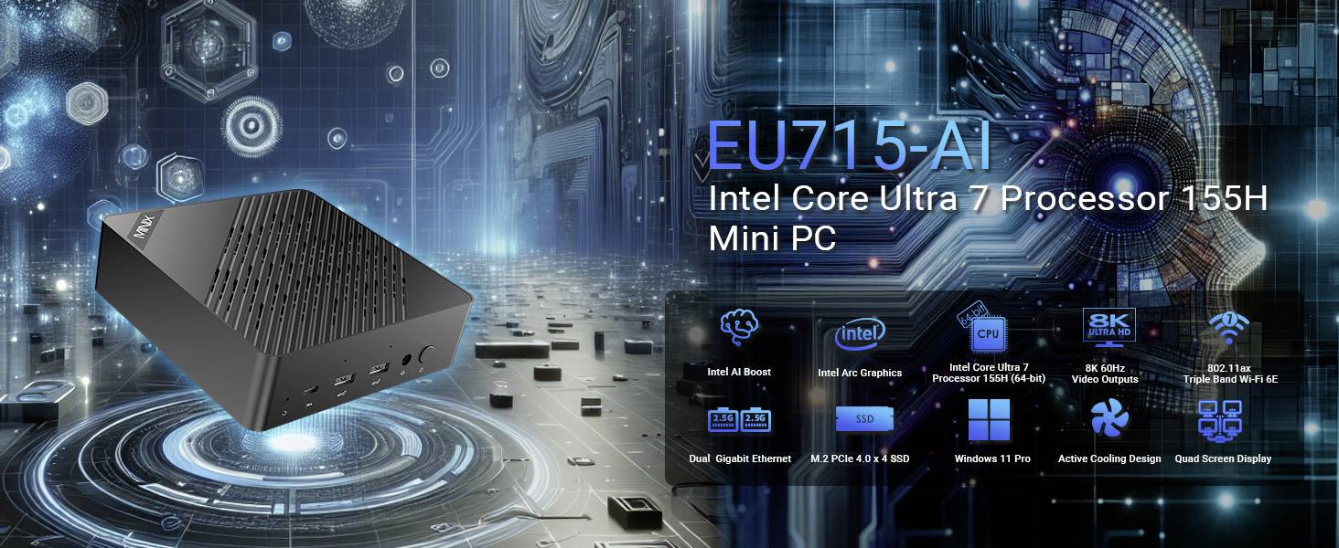 Futuristický banner prezentující mini PC, model EU715-AI, s procesorem Intel Core Ultra 7 155H. Pod obrázkem jsou uvedeny funkce a technické specifikace.