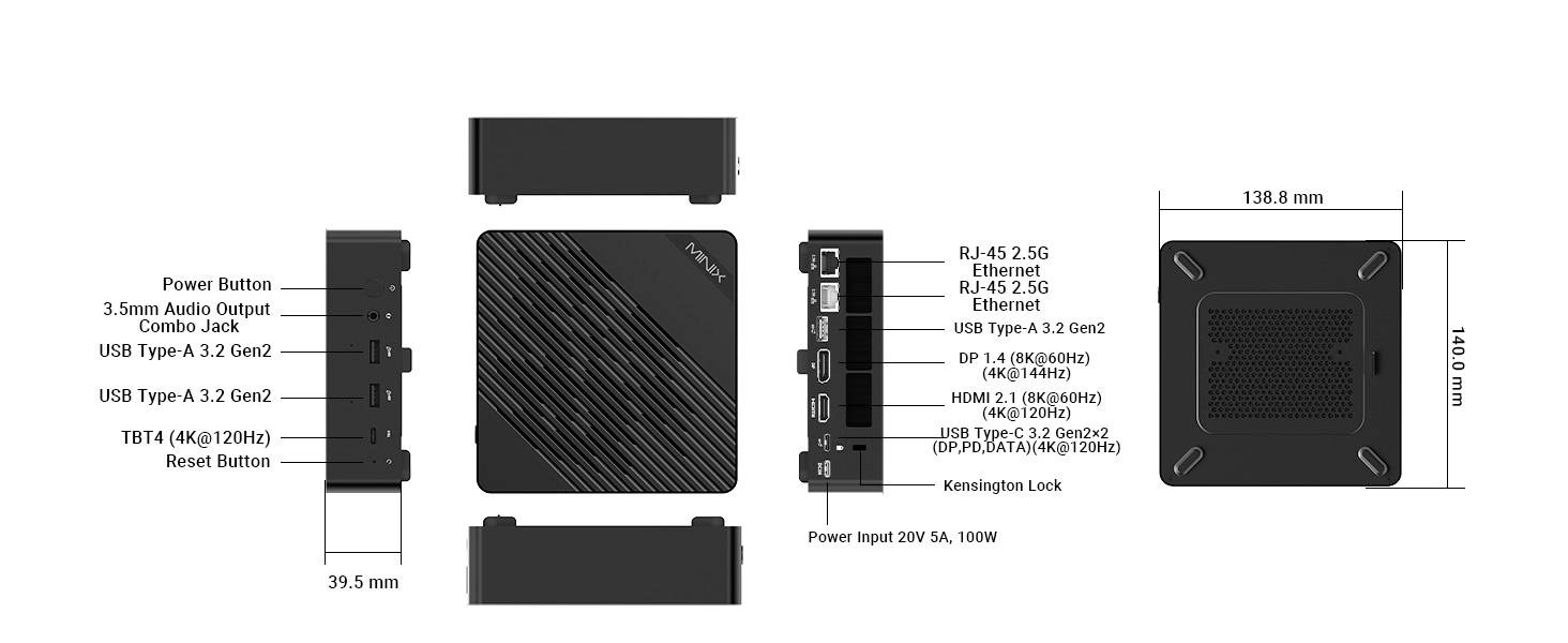 Horní a boční pohledy na kompaktní zařízení s označenými porty: RJ-45 2.5G, USB, HDMI, 3,5mm audio, napájecí tlačítko. Rozměry: 39,5 x 138,8 mm.