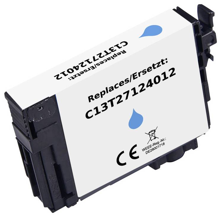 Černý inkoustový zásobník označený štítkem „Replaces/Ersetzt: C13T27124012" s modrou ikonkou kapky a certifikačními značkami.