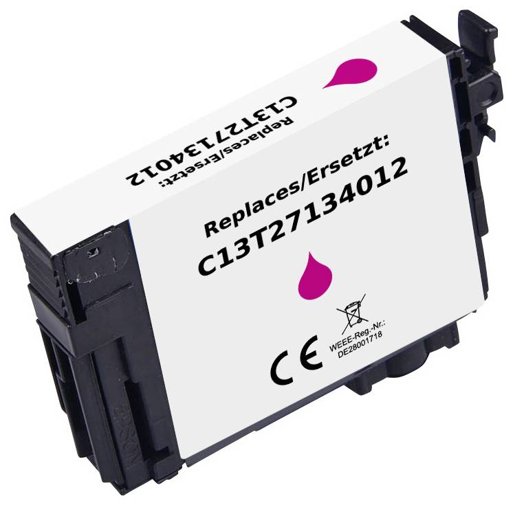 Inkoustová kazeta pro tiskárnu Epson, označená štítkem 'Nahrazuje/Ersetzt: C13T27134012', s ikonou růžové kapky a shodnostními symboly.