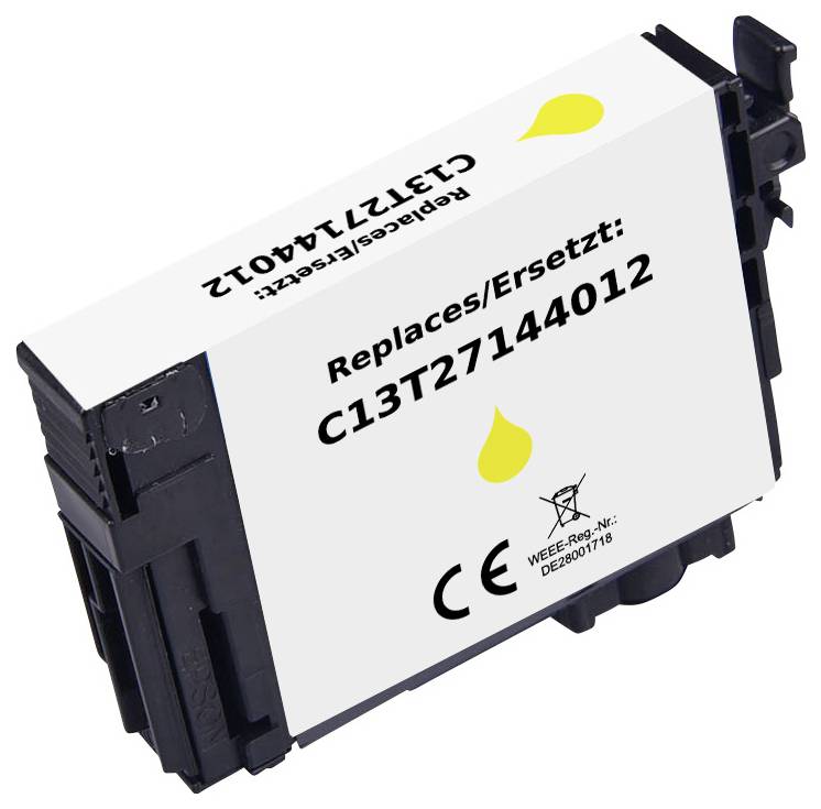 Inkoustová kazeta označená 'Nahrazuje/Nahradí: C13T27144012' s ikonou žluté kapky, symboly CE a recyklace.