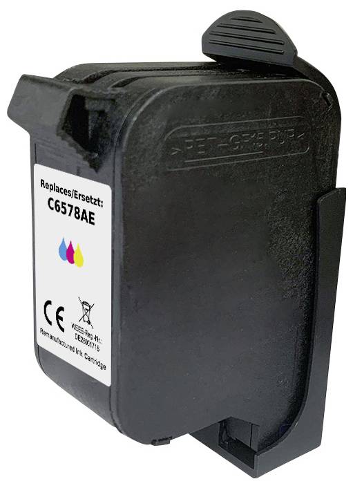 Černá tisková inkoustová kazeta označená štítkem 'Náhradní/Nahrazuje C6578AE', s barevnými symboly a značkou CE.