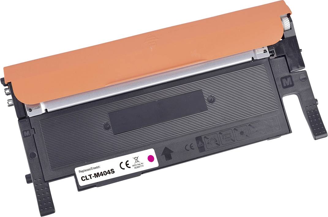 Oranžová a černá tonerová kazeta označená štítkem 'CLT-M404S' s ikonami a pokyny na boku, používaná pro laserové tiskárny.