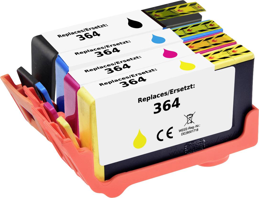 "Čtyři náhradní inkoustové cartridge do tiskárny v černé, azurové, purpurové a žluté barvě, označené štítkem „Replaces/Ersetzt: 364," umístěné na oranžovém držáku."
