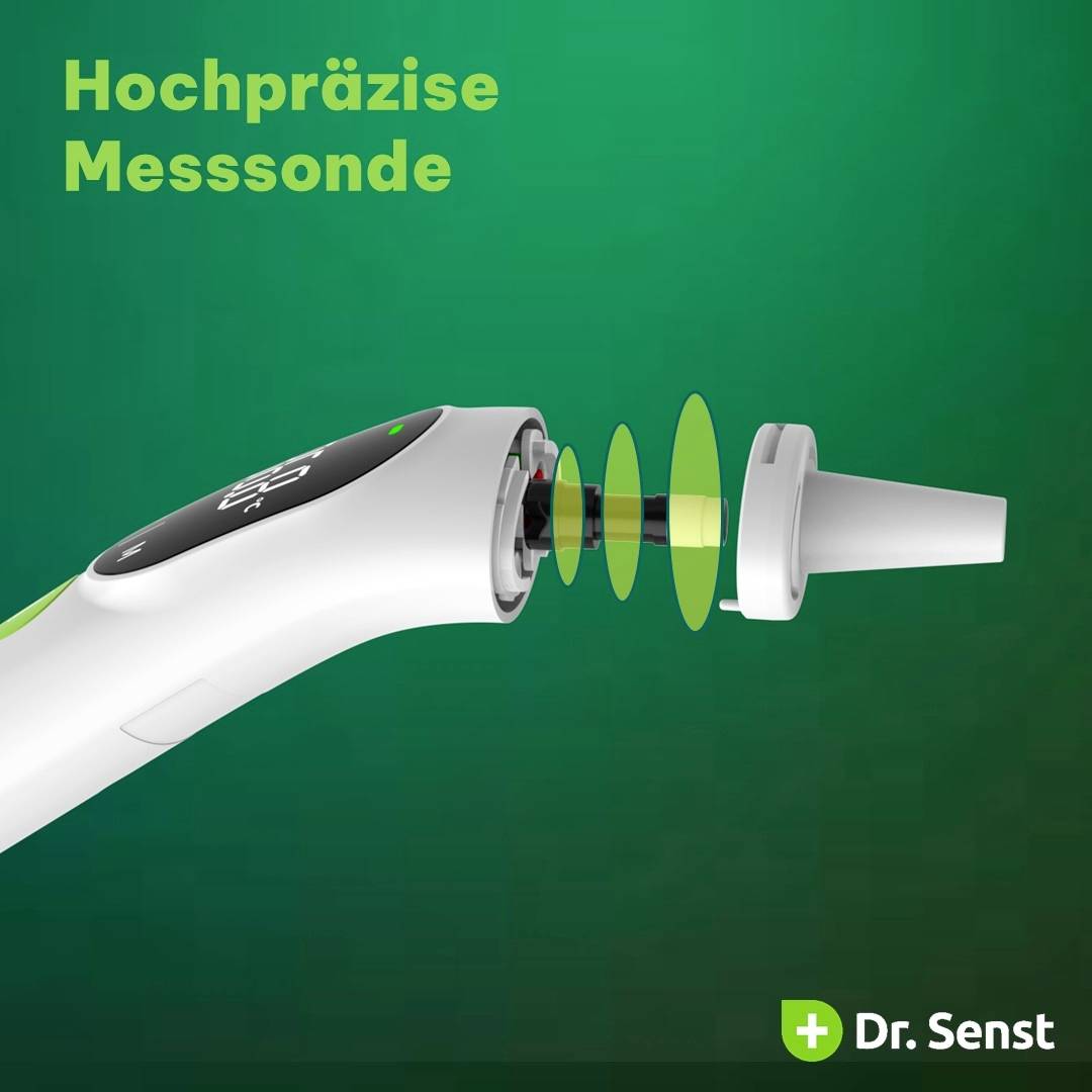 Vysoce přesná měřicí sonda při detailním záběru, s odnímatelnou nástavkou; logo Dr. Senst vlevo dole, text "Vysoce přesná měřicí sonda" vlevo nahoře.