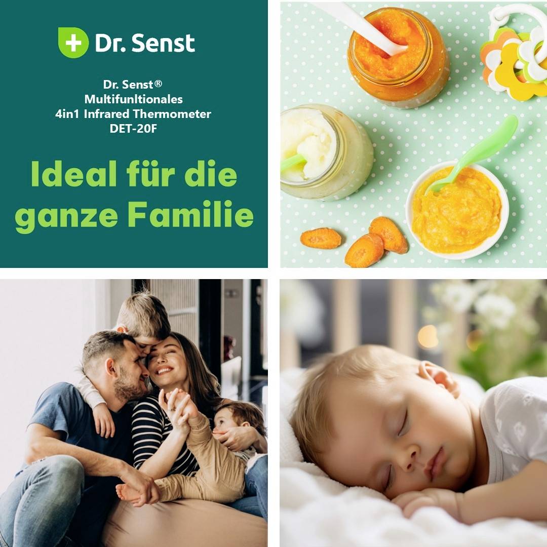 "Dr. Senst multifunkční 4v1 infračervený teploměr DET-20F" a "Ideální pro celou rodinu" jsou umístěny vedle rodinné fotografie a dětské kaše.