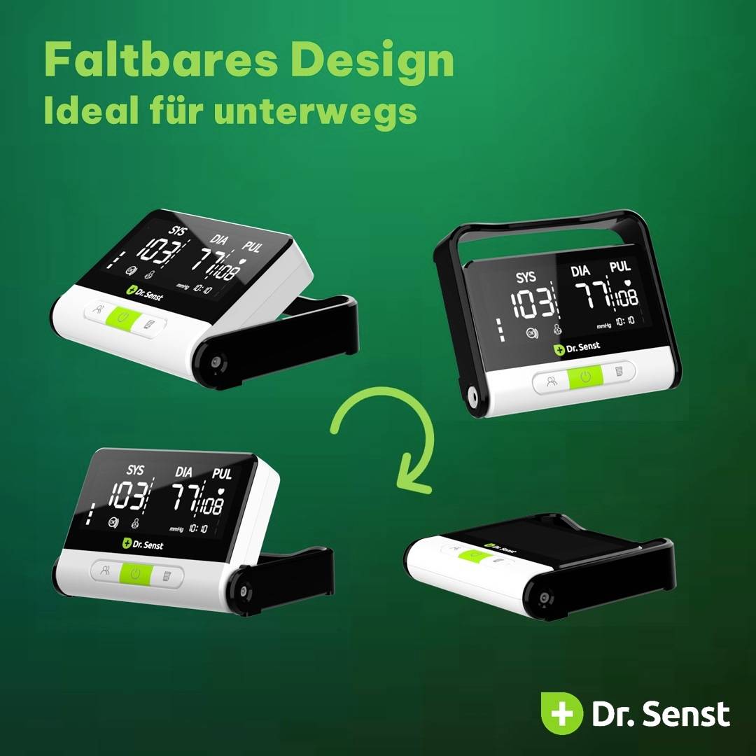 Skládací tlakoměr od Dr. Sensta, ideální na cesty. Zobrazuje hodnoty SYS, DIA a PUL. Kompaktní, přenosný design.