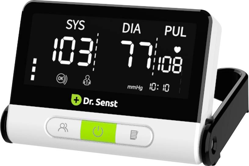 Digitální monitor krevního tlaku zobrazující 'SYS: 103', 'DIA: 77' a 'PUL: 108'. Přístroj je označen názvem 'Dr. Senst'.