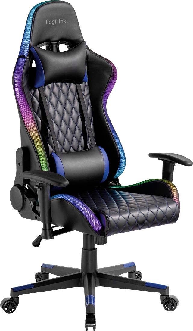 Barevná herní židle s ergonomickým designem, vybavená nastavitelnými opěrkami rukou, vysokým opěradlem s opěrkou hlavy a sedákem s diamantovým vzorem.