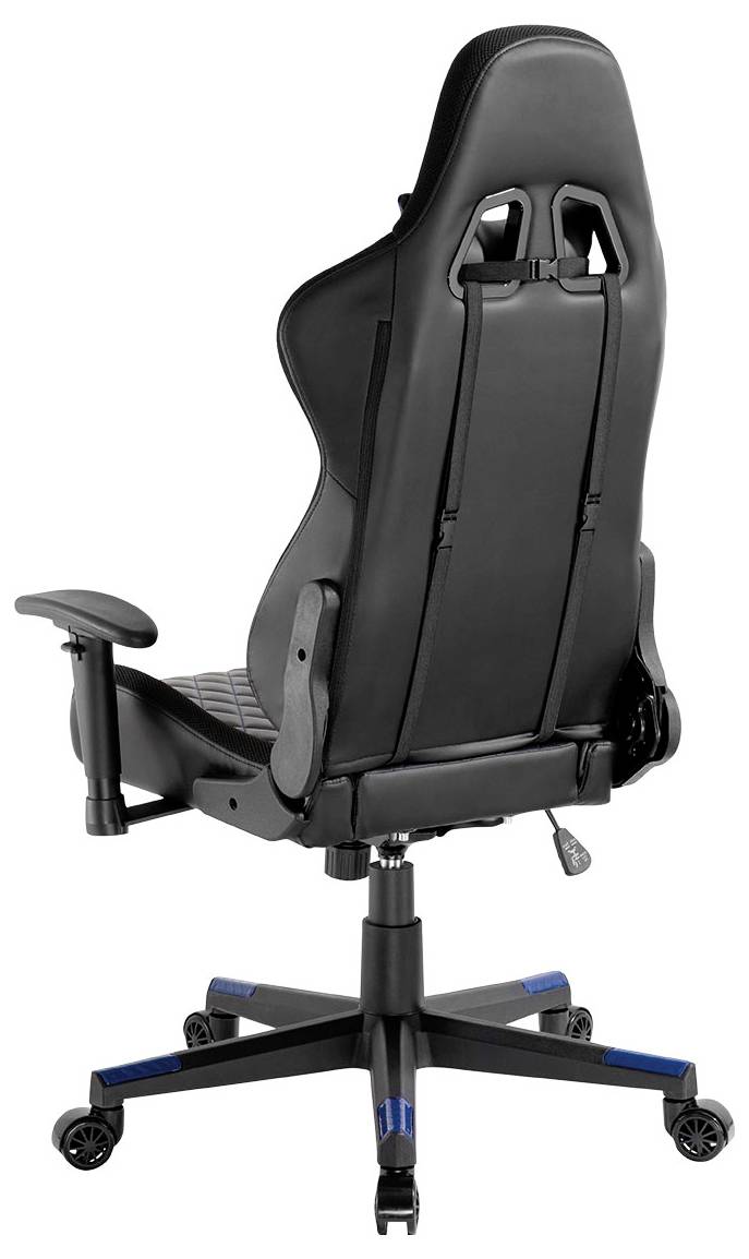 Černá ergonomická herní židle s modrými akcenty, která disponuje nastavitelnými opěrkami rukou a vysokou opěrkou zad navržená pro pohodlí a flexibilitu.