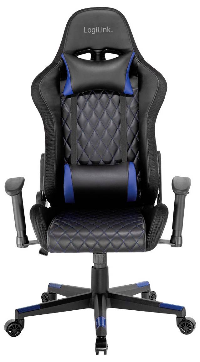 Černé a modré herní křeslo s vysokým opěradlem, nastavitelnými područkami a prošívaným čalouněním, navržené pro ergonomickou podporu.