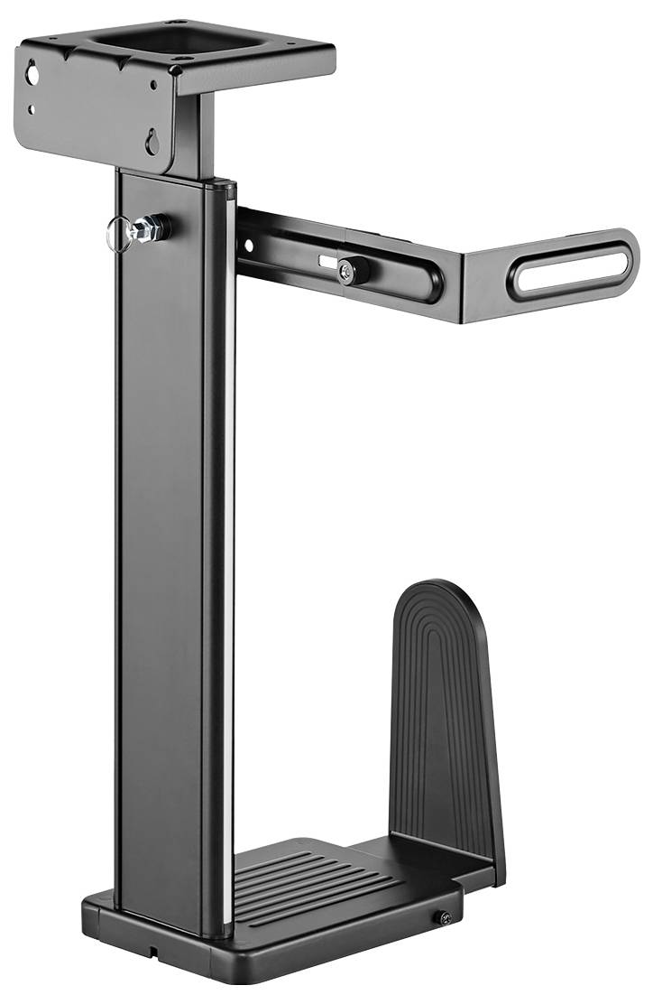 Černý, nastavitelný kovový držák CPU s vertikální vzpěrou a malou plošinou pro upevnění počítačové skříně.