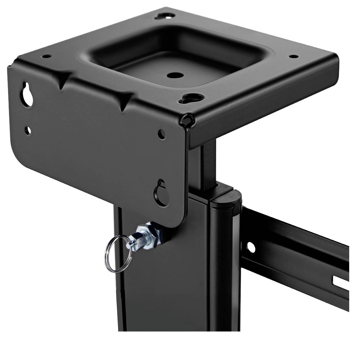 Černý kovový úchyt s otvory a bezpečným kolíkovým mechanismem, pravděpodobně používaný pro montáž nebo podporu ve strukturálním nebo mechanickém uspořádání.