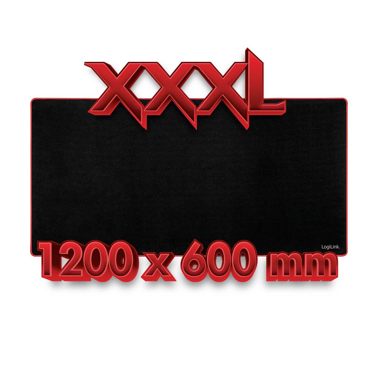 Velká černá herní podložka pod myš se zaoblenými hranami, označená 'XXXL, 1200 x 600 mm.'