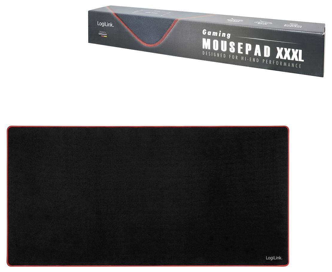 Herní podložka pod myš XXXL společnosti LogiLink, vhodná pro výkonnostní použití, disponuje velkou černou plochou s červeným lemováním.
