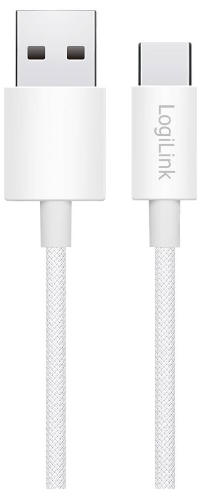 Bílý propojovací kabel s USB-A a USB-C konektory s opletením, označený nápisem 'LogiLink' na konektoru USB-C.