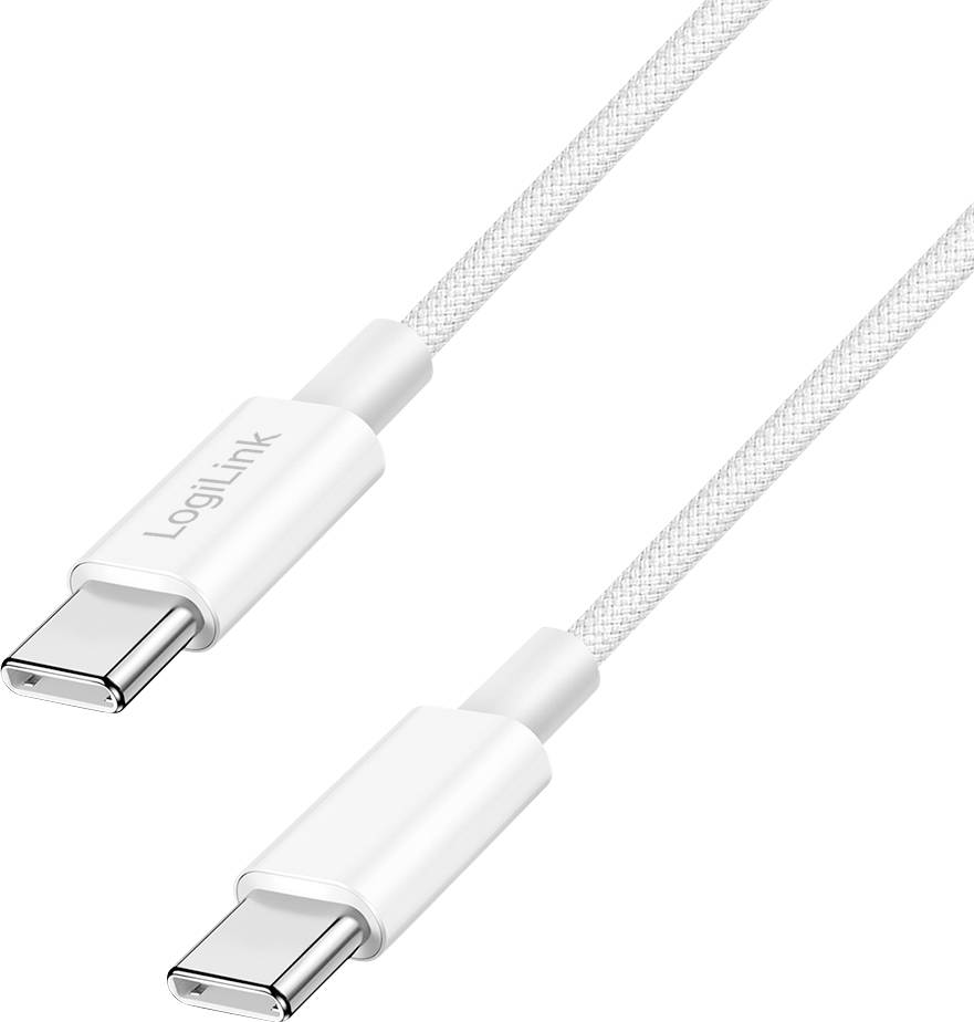 Bílý nabíjecí kabel USB-C na USB-C s konektory zobrazenými na obou koncích, označený nápisem 'LogiLink' na jednom z konektorů.