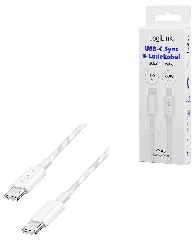 Synchronizační a nabíjecí kabel LogiLink USB-C, USB-C na USB-C, 60W, délka 1,0 m, obrázek produktu zobrazující kabel a balení
