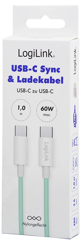 'LogiLink USB-C synchronizační a nabíjecí kabel' na obalu ukazuje 1,0m kabel podporující až 60W, s nylonovou opletovou konstrukcí, s připojením USB-C na USB-C.