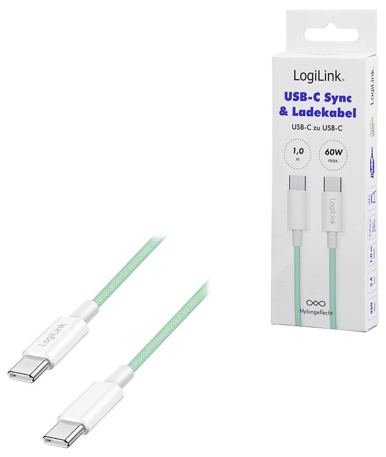 Zelený USB-C na USB-C kabel od společnosti LogiLink vedle jeho obalu. Štítek zobrazuje 'USB-C Sync & nabíjecí kabel', délka 1 metr, výkon 60W.