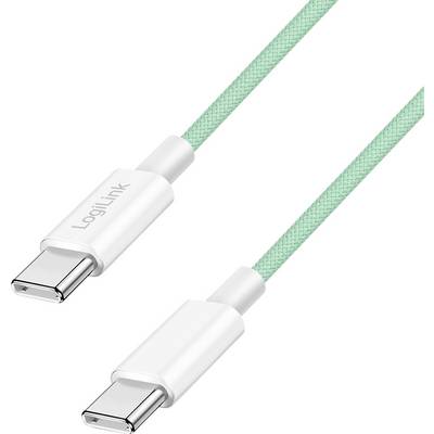 Zelený pletený USB-C kabel s bílými konektory, označený štítkem 'LogiLink'. Kabel je navržen pro nabíjení a přenos dat.