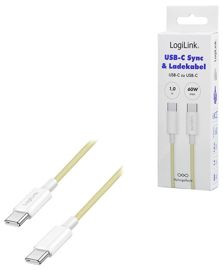 USB-C kabel s bílými konektory a béžovým opletením z nylonu. Balení uvádí 'LogiLink USB-C Sync & LadeKabel', 60W, 1m.