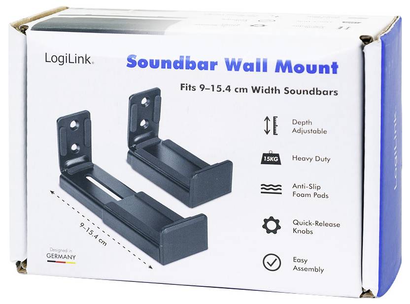 Nástěnný držák LogiLink Soundbar s nastavitelnou hloubkou pro soundbary o rozměrech 9-15,4 cm. Funkce zahrnují robustní provedení, protiskluzové pěnové podložky a snadnou montáž.