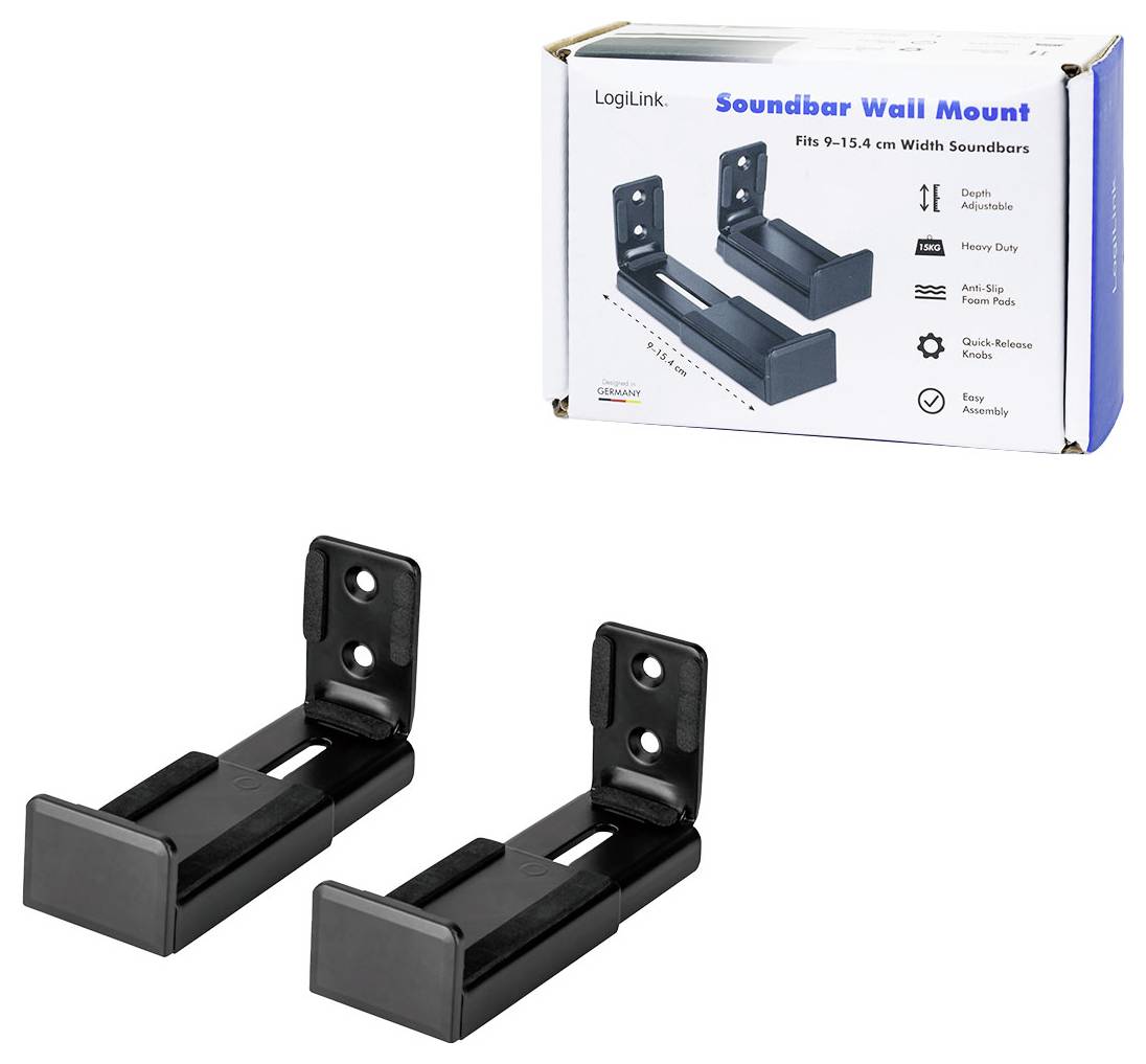 Nástěnný držák na soundbar se dvěma nastavitelnými, robustními černými konzolemi, včetně krabice znázorňující instalační vlastnosti pro soundbary o šířce 9-15,4 cm.