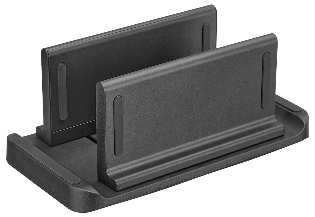 Černý, dvoumístný stolní organizér s elegantním, minimalistickým designem určený pro ukládání a třídění dokumentů nebo zařízení.
