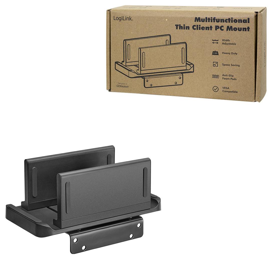 Krabice a černý držák pro upevnění tenkého klienta (thin client PC), zobrazující design produktu a jeho funkce, jako je možnost montáže na stěnu a úspora prostoru.