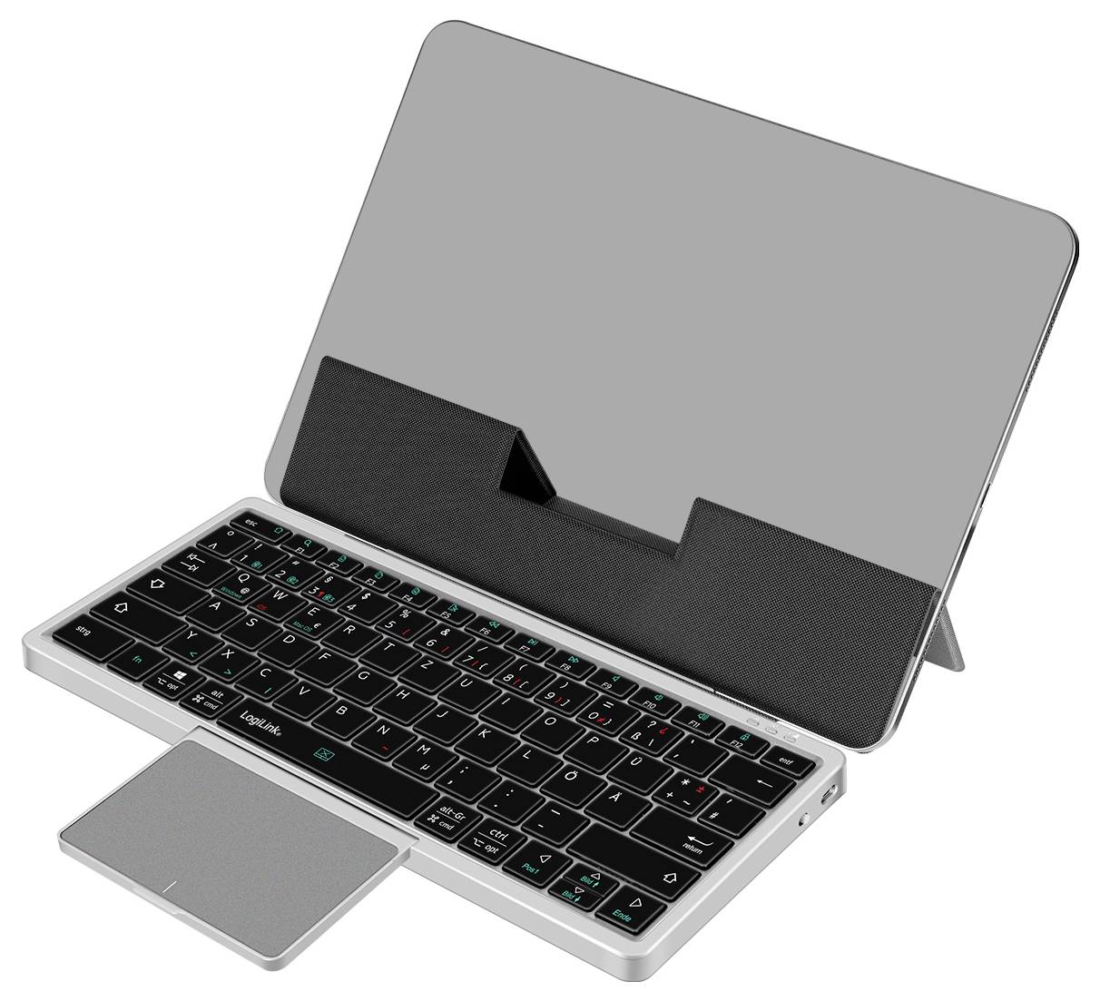 Tablet s odnímatelnou klávesnicí s trackpadem, umístěný na stojanu. Klávesnice má podsvícené klávesy a kompaktní design pro snadné přenášení.