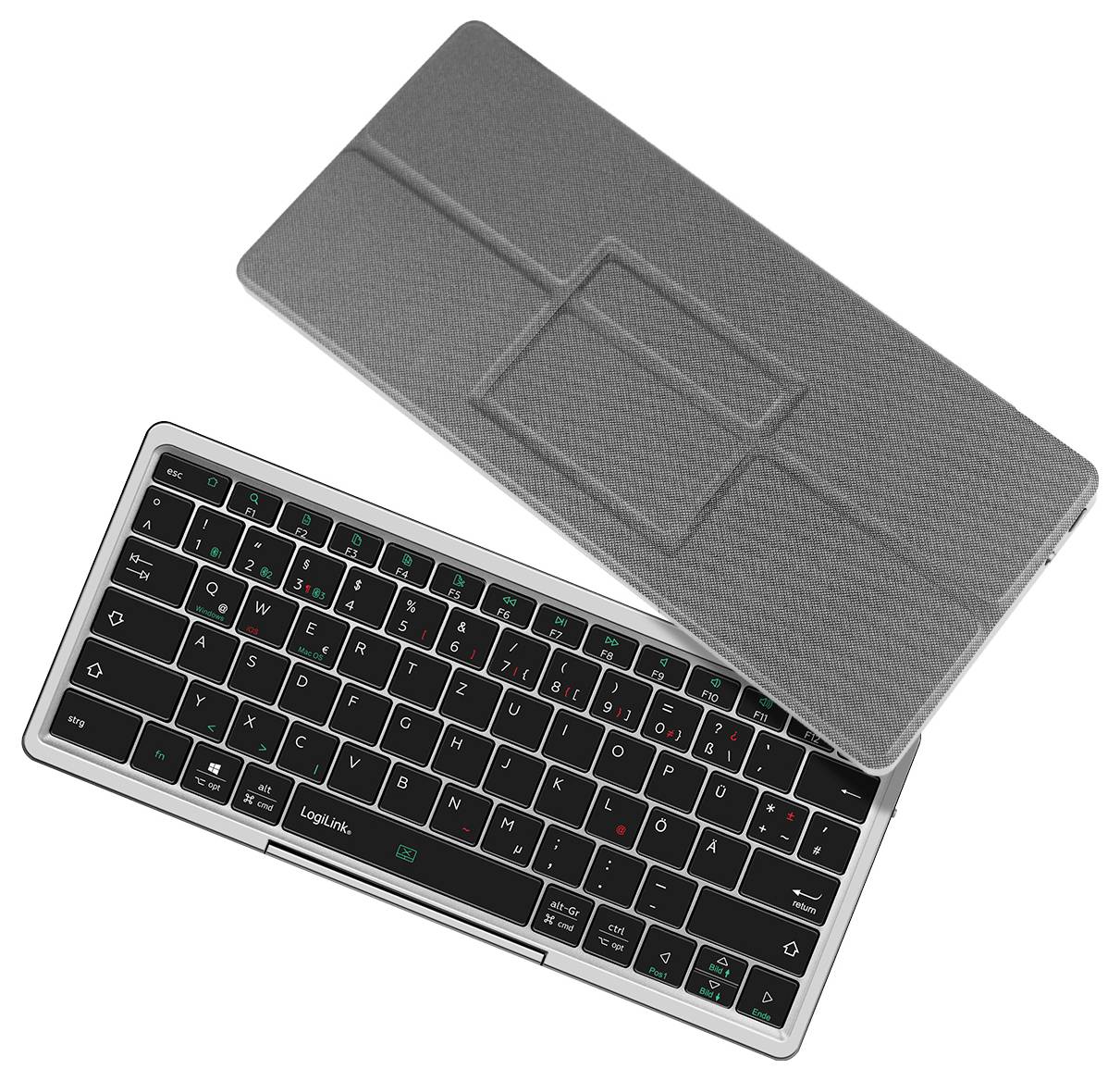 Kompaktní, skládací bluetooth klávesnice s krytem s touchpadem. Klávesnice má černé klávesy s bílými písmeny a červenými, zelenými ikonami.