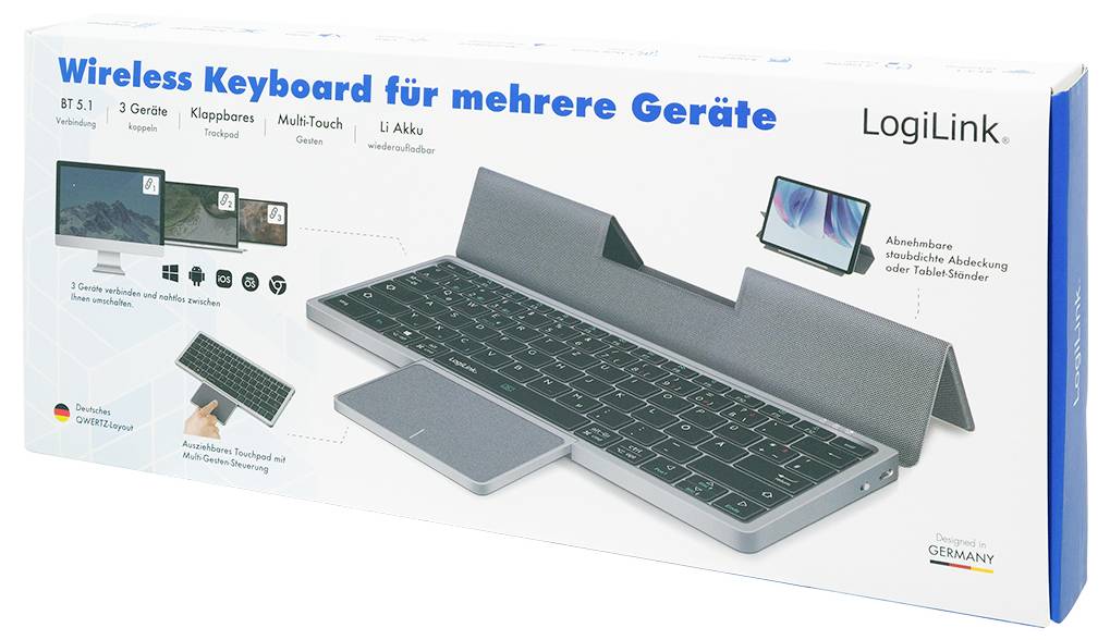 Bezdrátová klávesnice pro více zařízení s technologií Bluetooth 5.1, kompatibilní s operačními systémy Windows a Android, včetně stojánku na chytrý telefon.