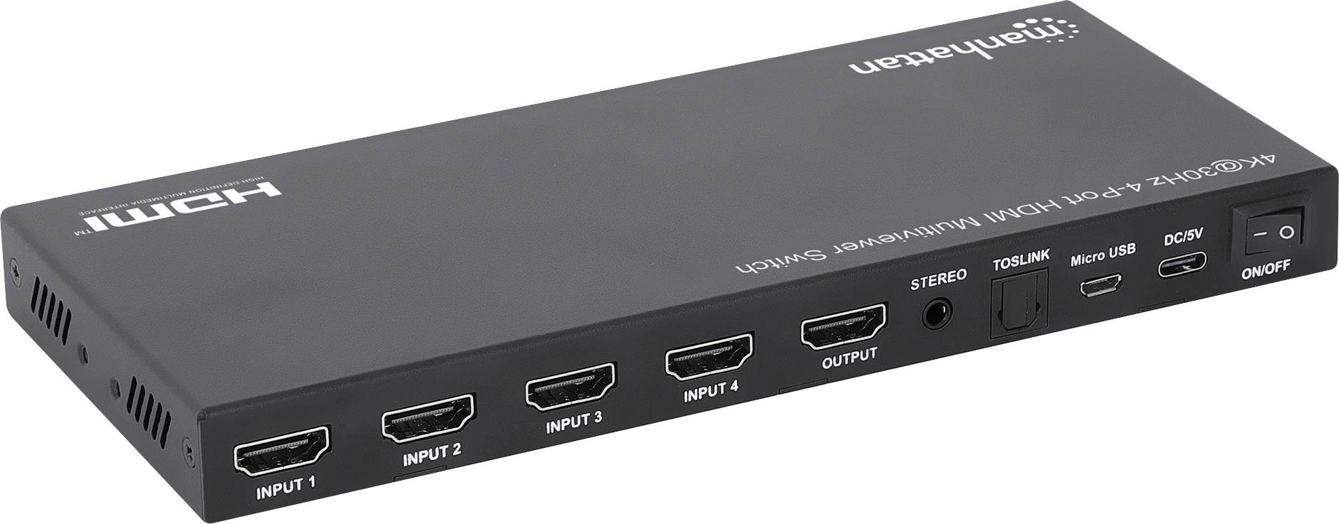 Přepínač HDMI Manhattan se 4 vstupy, 1 výstupem, TOSLINK, stereo a micro USB. Černé zařízení s označenými porty.