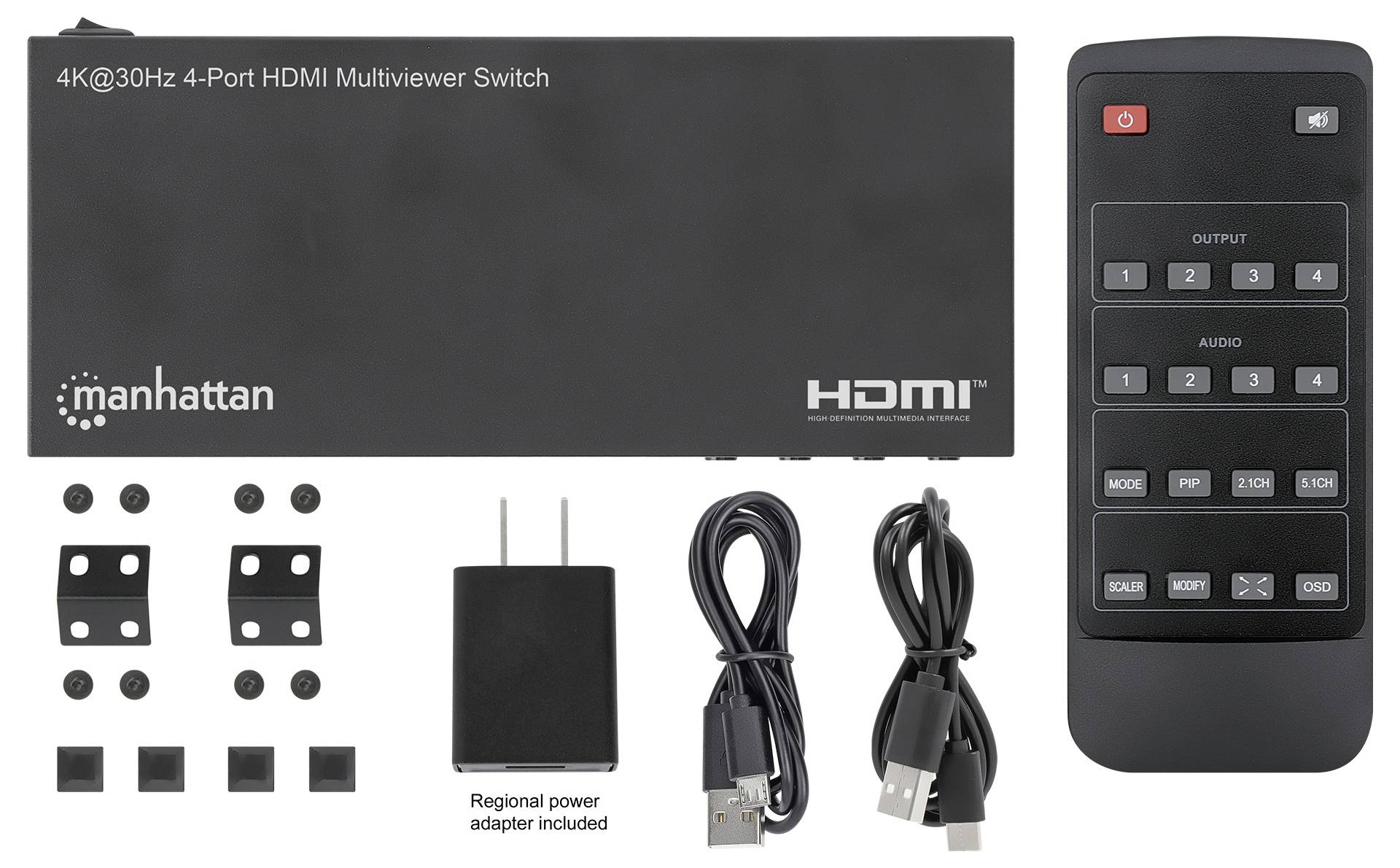 4K 4-portový HDMI multivizuální přepínač s dálkovým ovládáním, dvěma USB kabely, síťovým adaptérem pro daný region a montážním příslušenstvím.