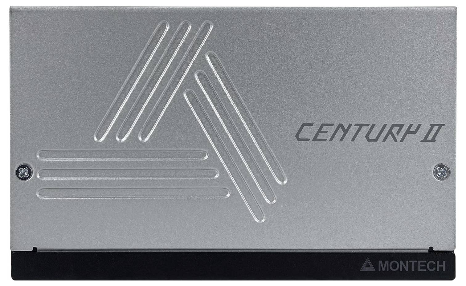 Stříbrno-černý počítačový komponent Montech Century II s geometrickým designem a logem, vyznačující se minimalistickým průmyslovým estetickým stylem.