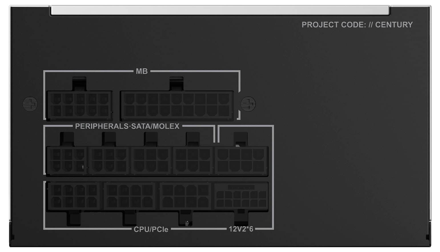 Zadní panel napájecího zdroje zobrazující označené porty pro MB, Periferní zařízení-SATA/Molex, CPU/PCIe a 12V2.6.