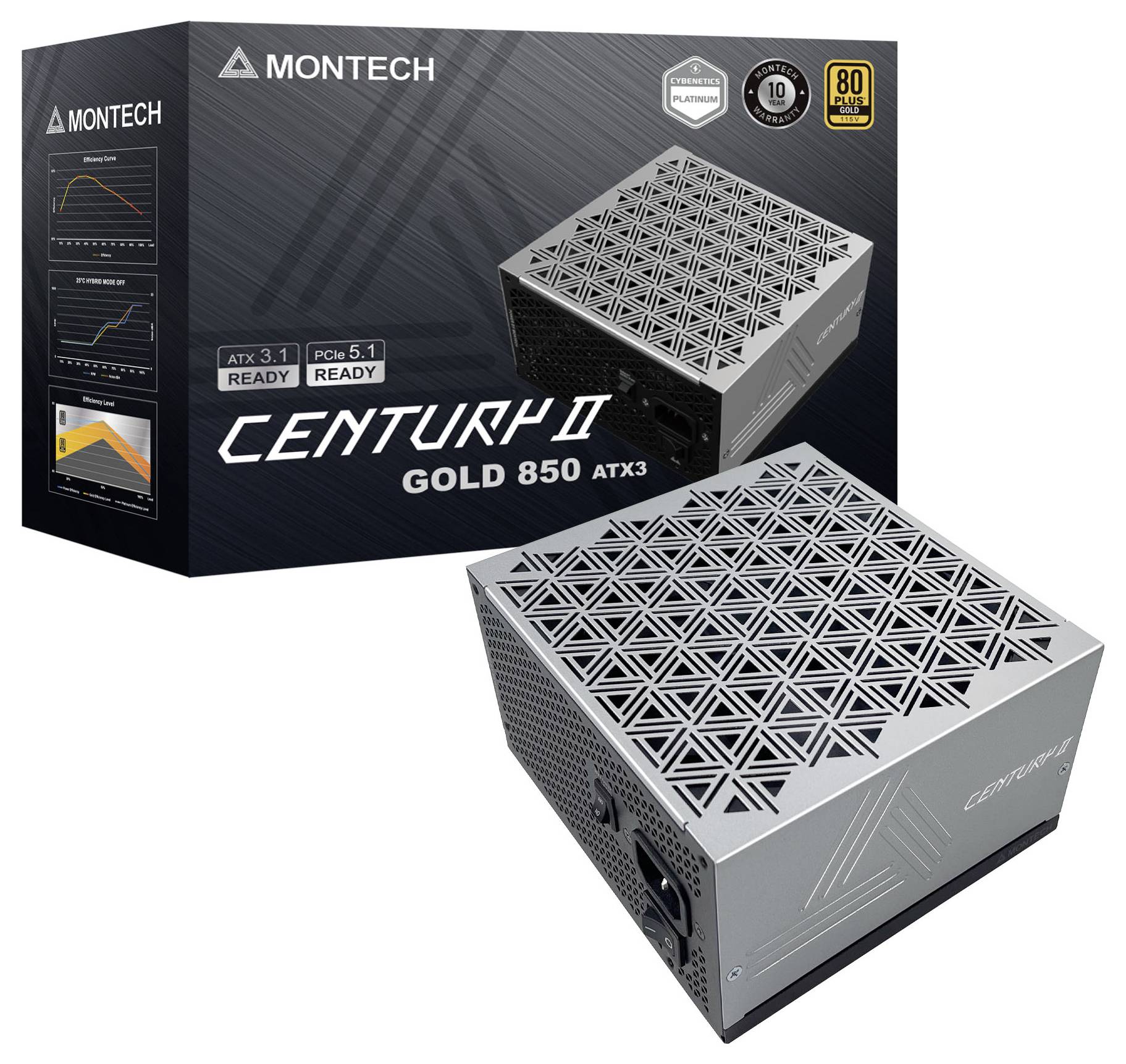Napájecí zdroj Montech Century II Gold 850 ATX3 balení s obrázkem produktu. Funkce zahrnují ATX 3.1, PCIe 5.1 a certifikaci 80 Plus Gold.