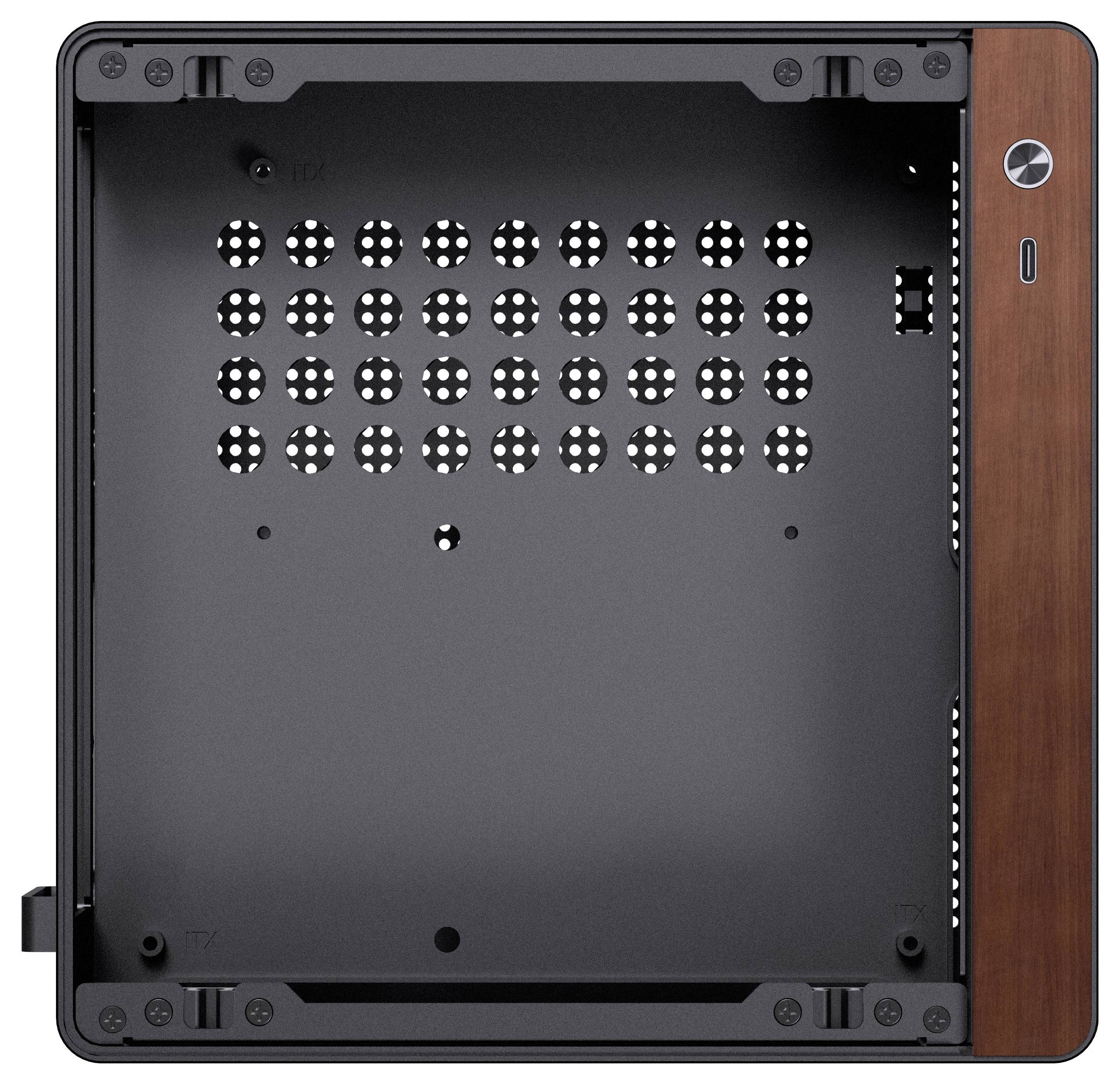 Černohnědý obdélníkový počítačový kryt s perforovanými větracími otvory na horní ploše, pohled shora, s bočními tlačítky.