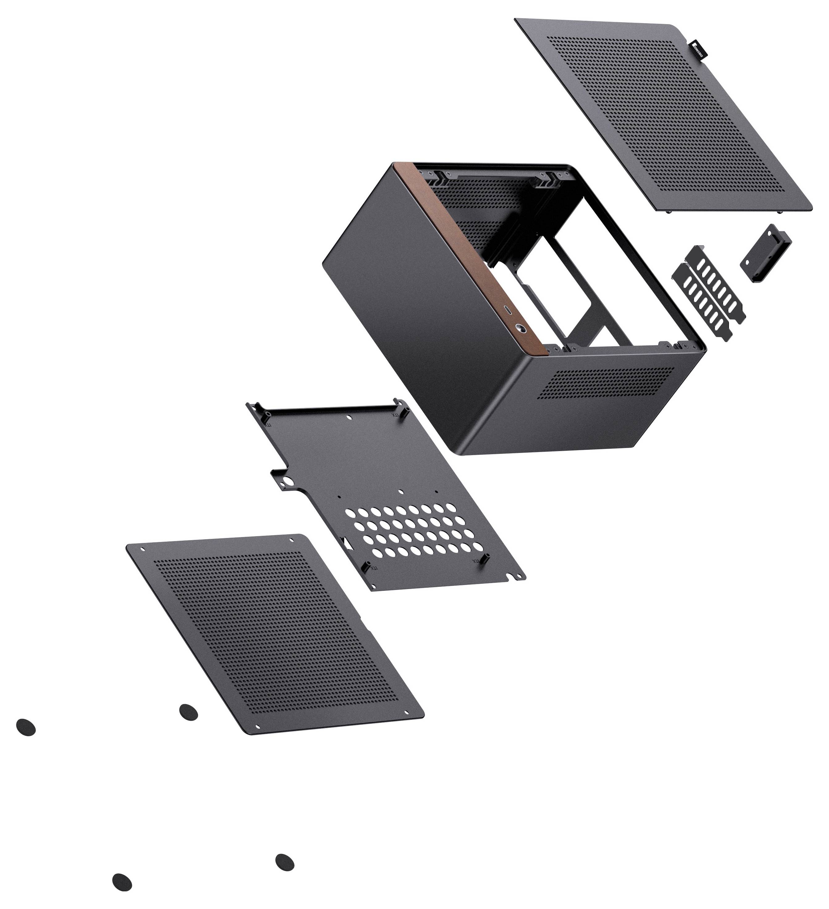 Rozložený pohled na počítačovou skříň znázorňující horní panel, boční panely a vnitřní rám, ilustrující součásti a uspořádání montáže.